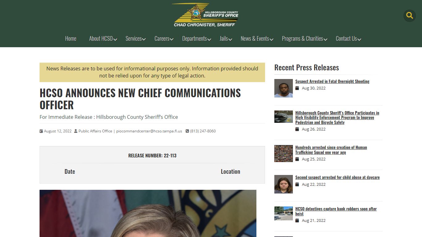 HCSO Announces New Chief Communications Officer | HCSO, Tampa, FL